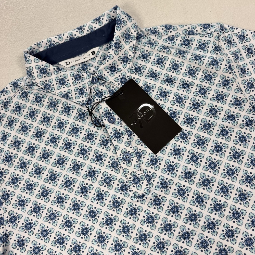 NWT 7‎ Diamonds 4-Way Stretch Polo Shirt Leon Geometric Mens Small Blue Green